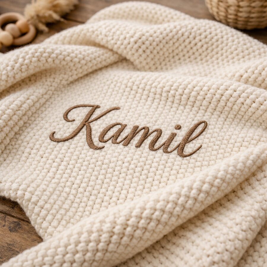 Couverture en tricot beige brodée du prénom Kamil en lettres dorées, exemple de personnalisation textile premium enseignée par Saandati