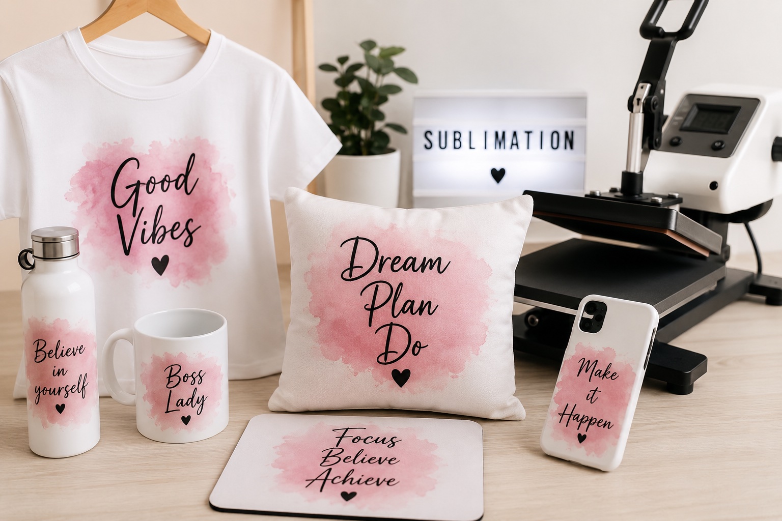 Produits sublimés personnalisés - t-shirt, mug, coussin, phone case avec design rose et blanc